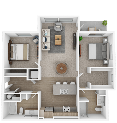 A top-down view of a small apartment layout with a kitchen, living room, and bedroom.
